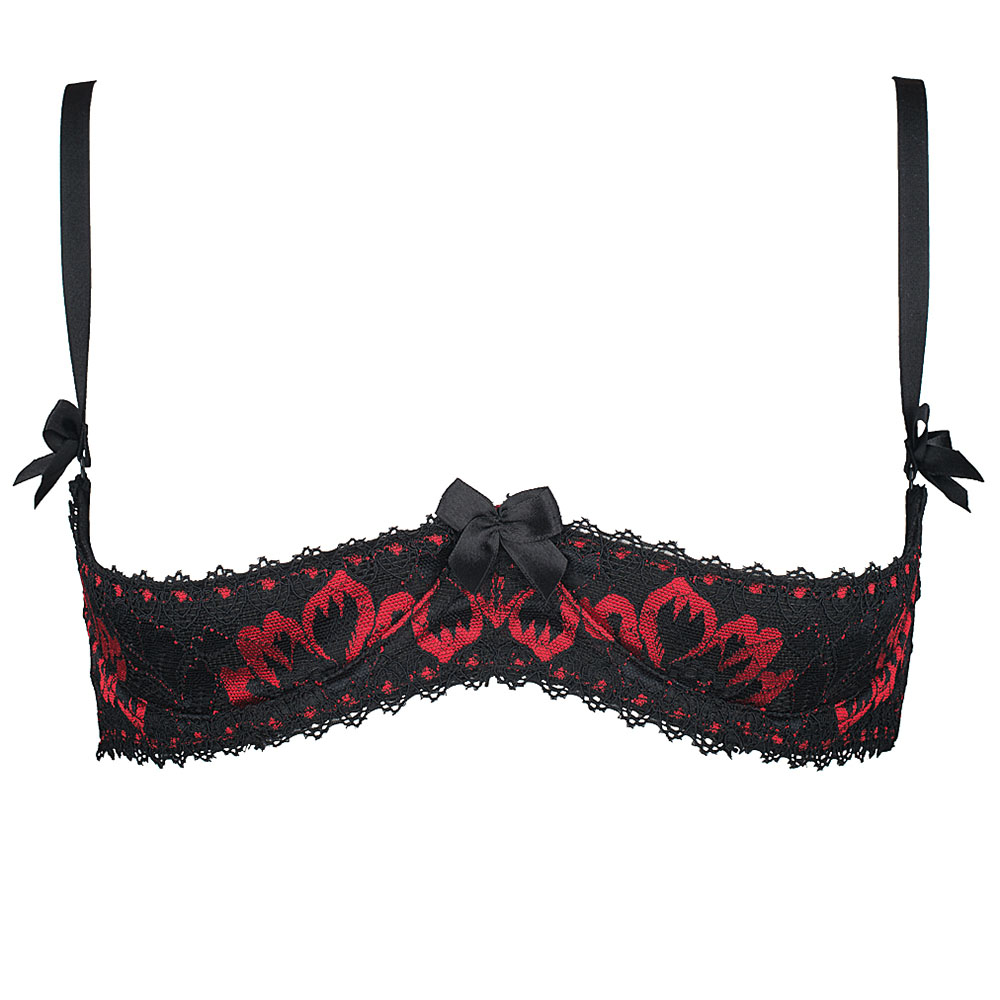 Sexy Black Red Quarter Cup Bra With Red Floral Pattern